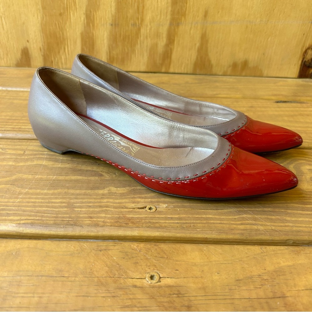 Vintage Salvatore Ferragamo red patent leather and taupe leather flats